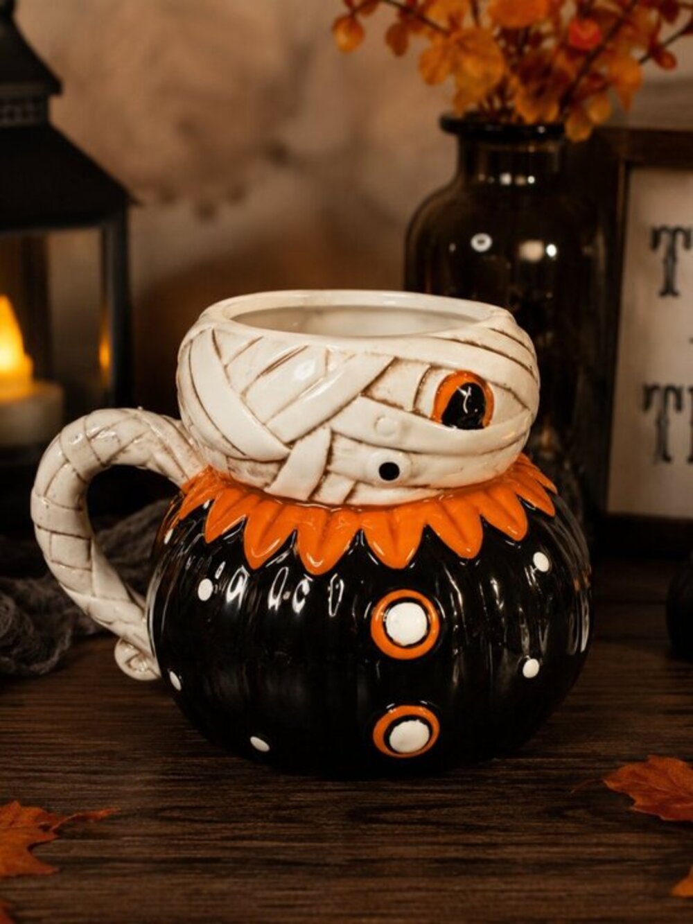 Johanna Parker Halloween Mummy Pumpkin Mug Black Orange Polka Dot NWT